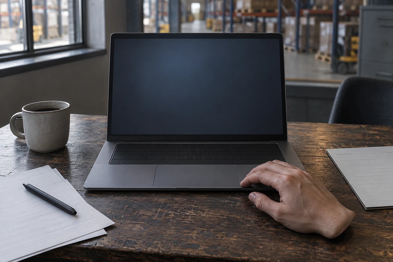 Egy kéz laptop és névtelen papírok mellett egy csendes raktári irodai asztalon.