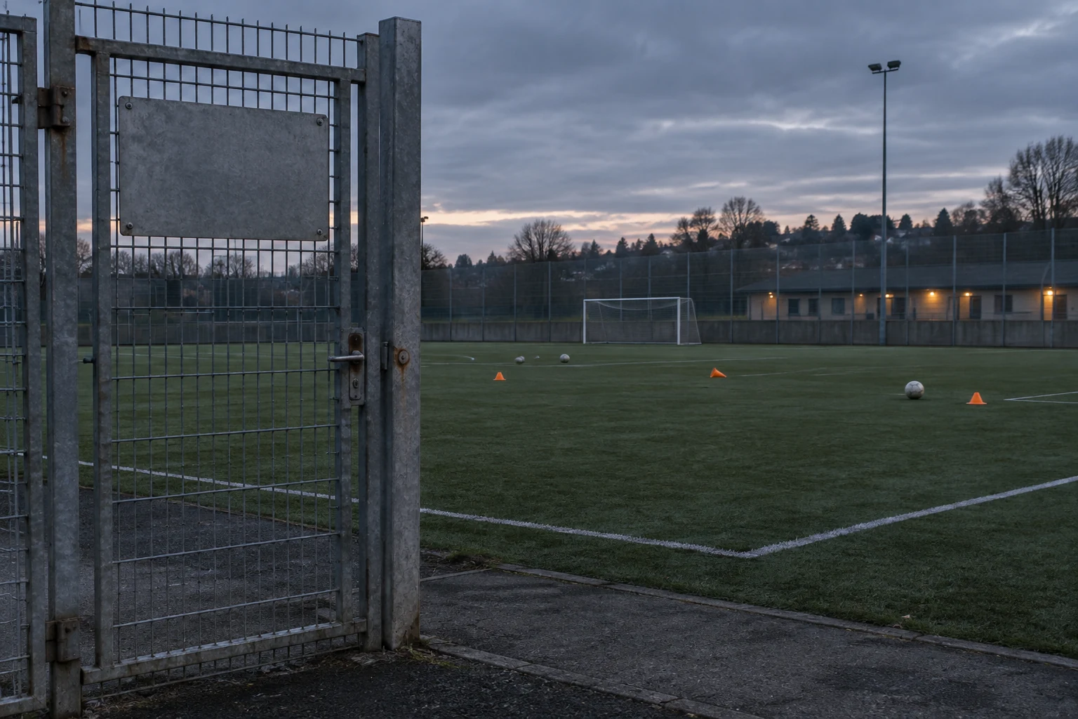 Üres kisvárosi sportpálya alkonyatkor, a zárt bejárat mellett üres névtáblahellyel.