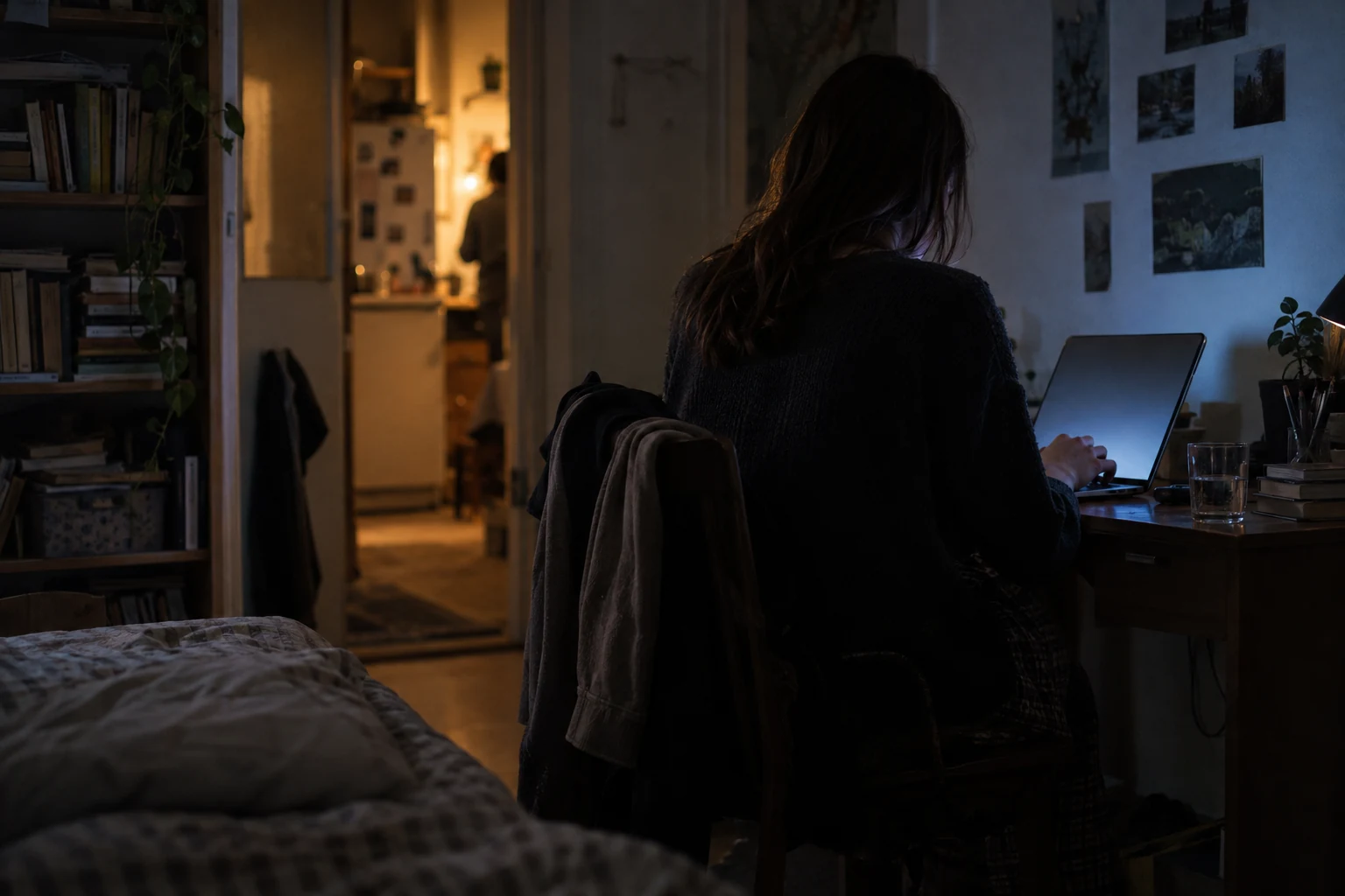 Egy fiatal felnőtt hátulról vagy oldalról látszik egy sötét szobában, ahogy a laptopja képernyőjének fénye világítja meg a kezét és az arca körvonalát; a háttérben elmosódva egy konyhaajtó fénycsíkja és kopott könyvek látszanak.