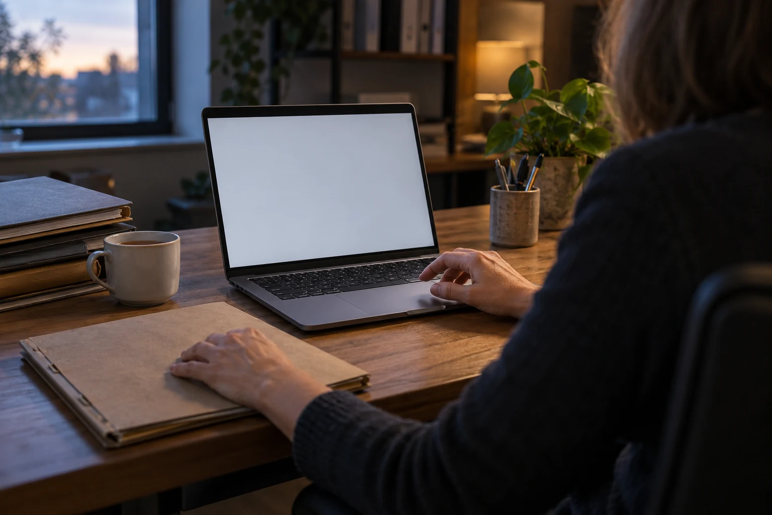 Nő kezei egy irodai asztalnál nyitott laptop, irattartók és egy teásbögre mellett.