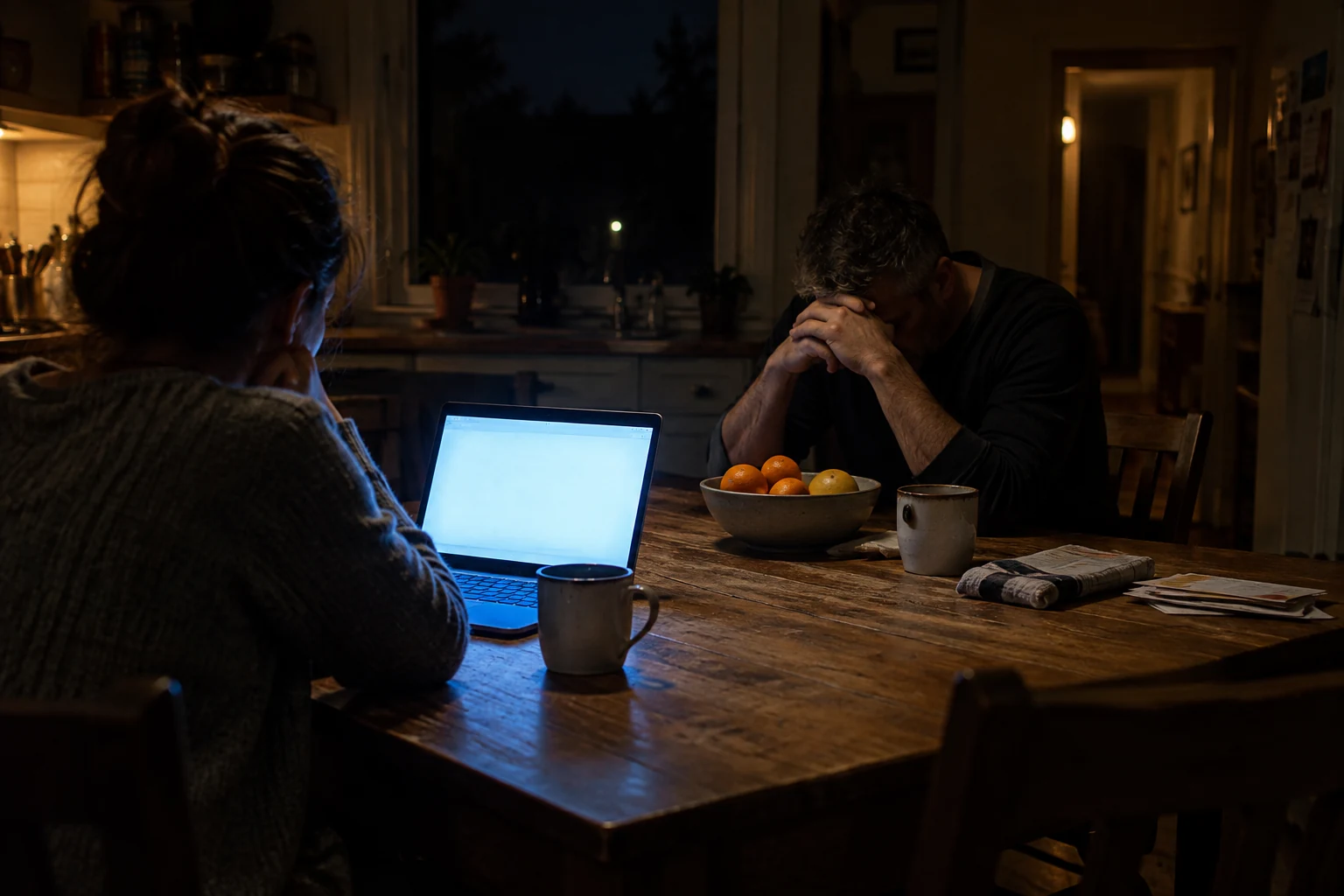 Elmosódott, oldalnézeti fotó egy konyhaasztalról késő este: nyitott laptop halvány kék fénye világítja meg az asztalt, mellette két kávésbögre, a háttérben elhomályosodó alakok üres tekintettel, arcuk nem felismerhető, a szoba többi része sötétben marad.