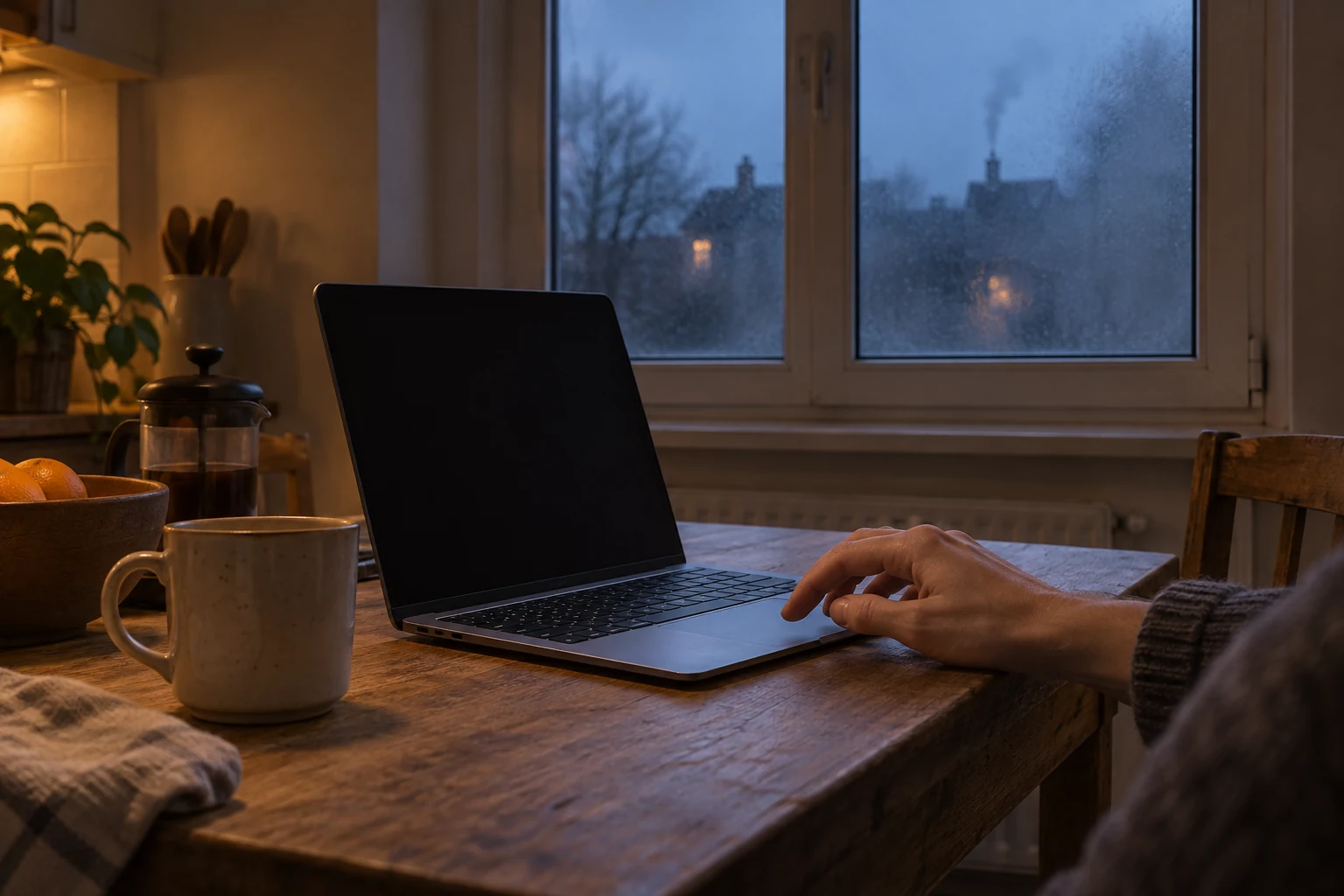 Egy kéz megáll egy konyhaasztalon nyitott laptop fölött, a zárt ablakon túl halvány füst látszik.